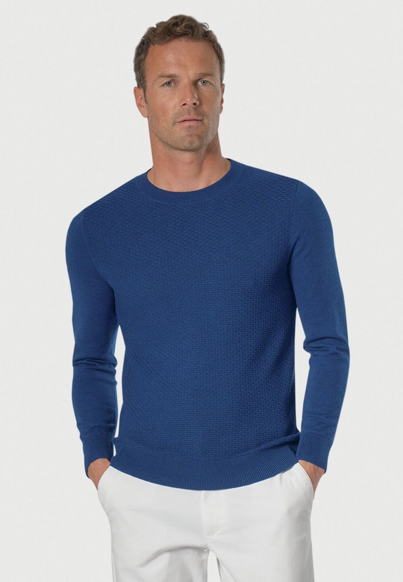 Noah Pure Cotton Dark Blue Brick Knit Crew Neck Sweater