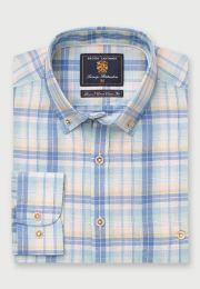 Regular and Tailored Fit Mint Blue and Yellow Check Linen Cotton Shirt