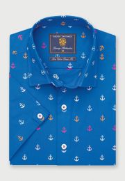 Regular Fit Sea Blue Cotton Short Sleeve Shirt