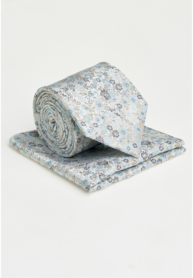 Mint and Champagne Ditsy Floral Pure Silk Tie and Pocket Square Set