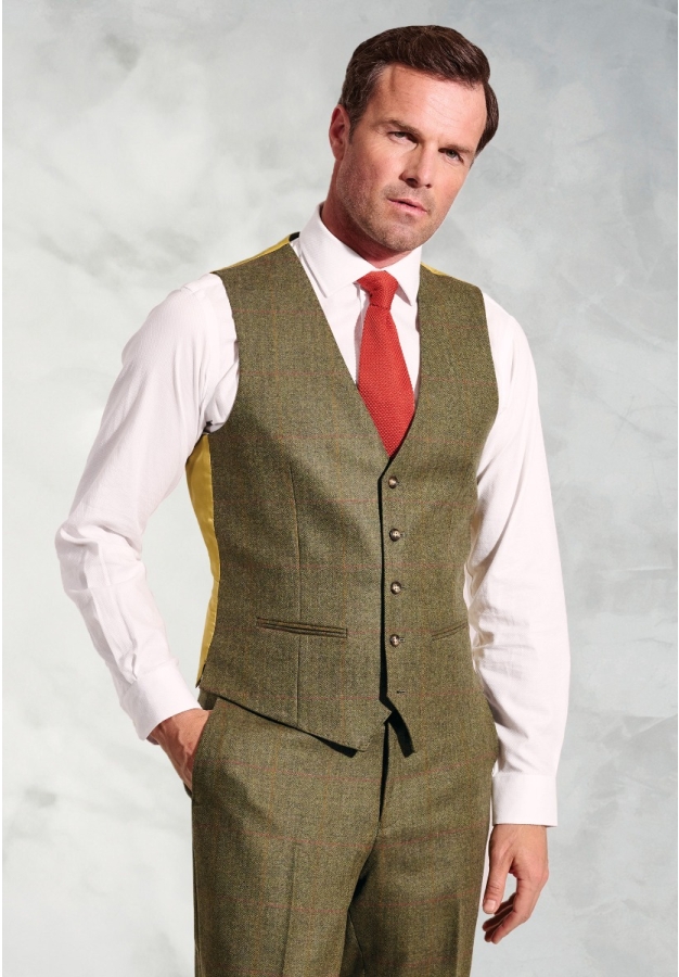 Regular Fit Dalton Olive Check Wool Vest