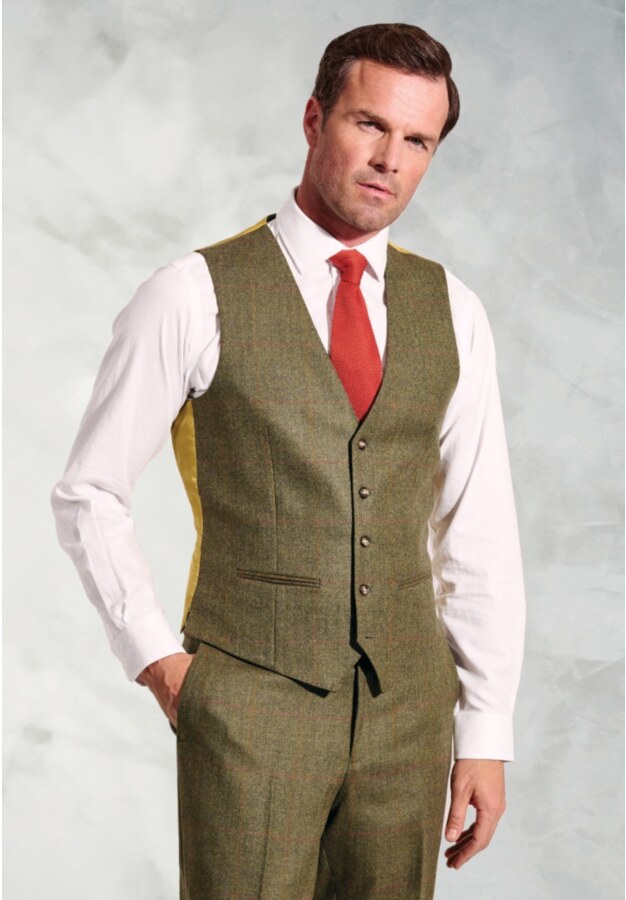 Regular Fit Dalton Olive Check Wool Vest